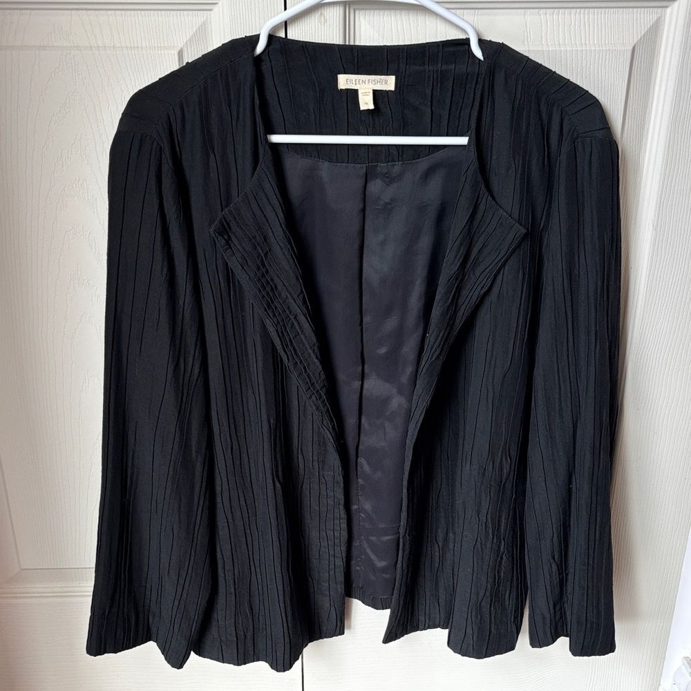 Eileen Fisher crinkle silk textured open Black blazer suit jacket Women MED EUC
